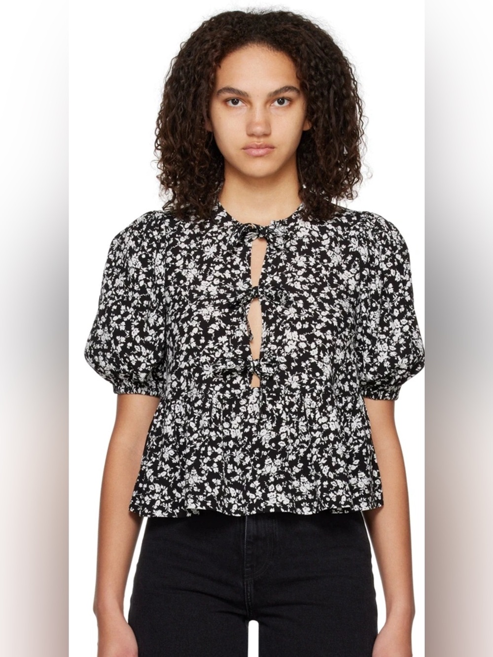 GANNI Peplum Open Tie Front Black & White Floral Print Babydoll Blouse Size 40 L
